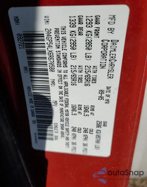 2006 Chrysler Town & Country Touring из США, поврежденный, VIN 2A4GP54LX6R670580